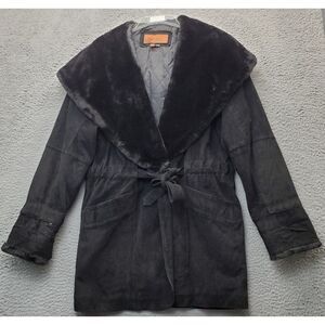 Cayenne Leather Coat Womens Small Black Pockets Tie Waist Faux Fur‎ Shawl Collar